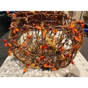 Twine pumpkin Basket, Orange Berries, Fall, Farmhouse, Rustic Decor